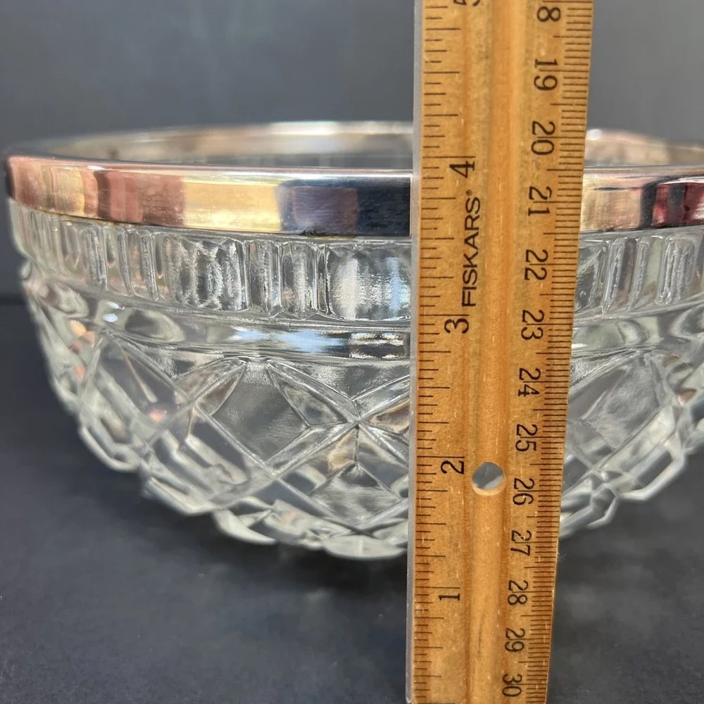 VTG Heavy Cut Glass Serving Bowl with Silver Plated Rim Large 8.25